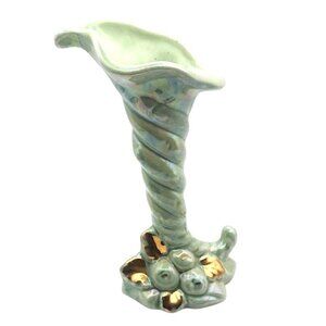 Vintage Warranted 22K Gold Accent Ceramic Cornucopia Green Iridescent Vase Decor
